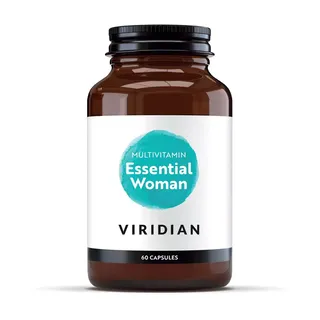 Brown bottle of Viridian Essential Woman multivitamin, 60 capsules.