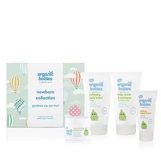 Organic Babies Newborn Collection with lotion, wash, balm, and cream. Hot air balloon design.