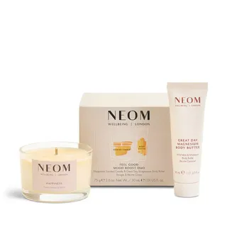 Neom Feel Good Mood Boost Duo with candle and body butter.