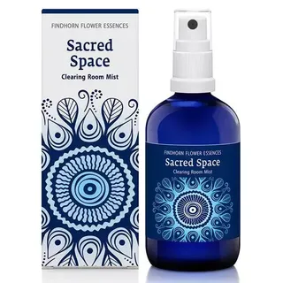 Sacred Space Clearing Room Mist in blue bottle with decorative box.