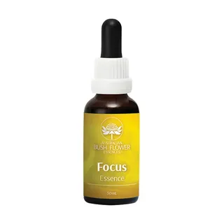 Dropper bottle of Australian Bush Flower Essences Focus, 30ml, with yellow label.