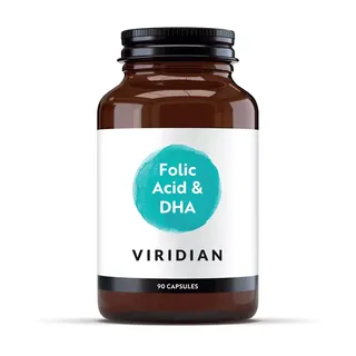 Viridian Folic Acid & DHA, 90 capsules in a brown bottle.