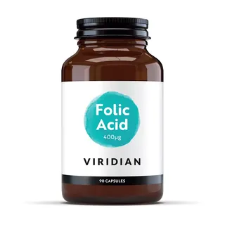 Brown bottle of Viridian Folic Acid, 400µg, 90 capsules.