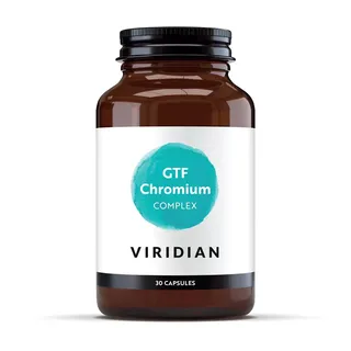 Brown bottle labelled "GTF Chromium Complex" by Viridian, 30 capsules.