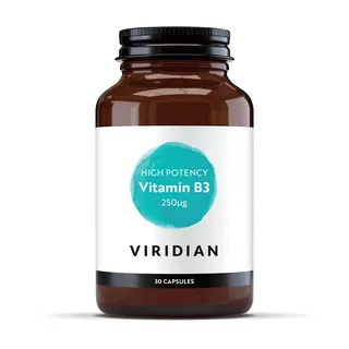 Brown bottle of Viridian Vitamin B3, 250µg, 30 capsules.