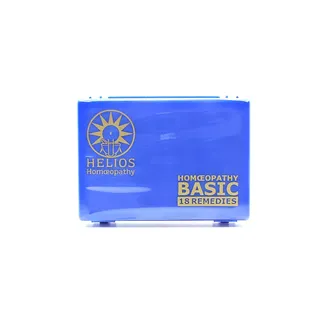 Blue box with "Helios Homeopathy Basic 18 Remedies" in gold text.
