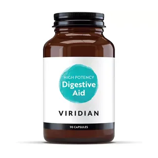 Brown bottle labelled "High Potency Digestive Aid" by Viridian, 90 capsules.
