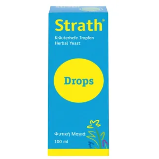 Blue box of Strath Herbal Yeast Drops, 100 ml, with yellow circle and floral design.