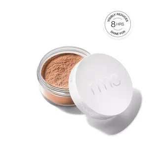 Loose powder in a clear jar with a white lid. Text: "Visibly reduces shine for 8 hrs".