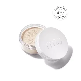 Open jar of RMS Beauty powder with lid beside it. Text: "Visibly reduces shine for 8 hrs".