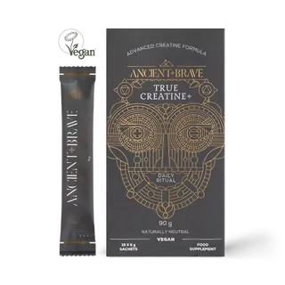 Ancient + Brave True Creatine+ box and sachet, vegan, 90g, daily ritual supplement.