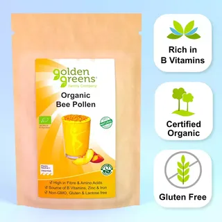 Golden Greens Organic Bee Pollen, rich in B vitamins, certified organic, gluten free.