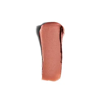 Swatch of metallic rose lipstick on white background.