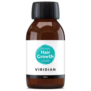 Brown bottle with "Organic Hair Growth Liquid" label, 100ml, by Viridian.
