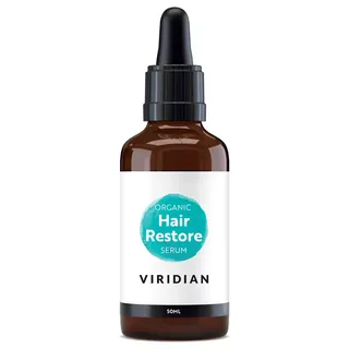 Brown bottle with dropper, labelled "Organic Hair Restore Serum, Viridian, 50ml".