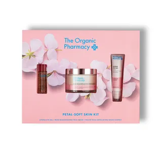 The Organic Pharmacy Petal-Soft Skin Kit with eye gel, face cream, and exfoliating essence.