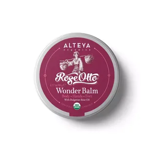 Alteya Organics Rose Otto Wonder Balm tin, 90g, with Bulgarian rose oil.