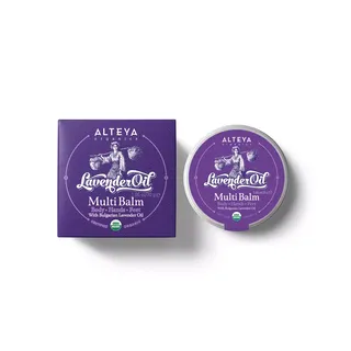 Alteya Organics Lavender Oil Multi Balm box and tin on white background.