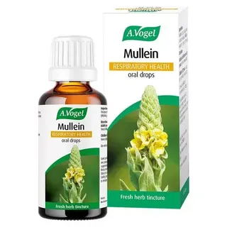 A.Vogel Mullein Respiratory Health oral drops bottle and box with yellow flowers.