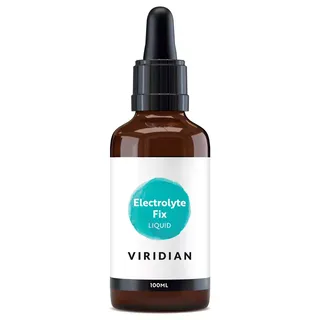 Brown bottle with dropper, labelled "Electrolyte Fix Liquid" by Viridian, 100ml.