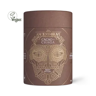 Brown cylindrical container with gold geometric design, labelled "Ancient + Brave Cacao + Chaga".