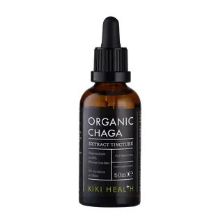 Brown bottle of Organic Chaga Extract Tincture, 50ml, by Kiki Health.
