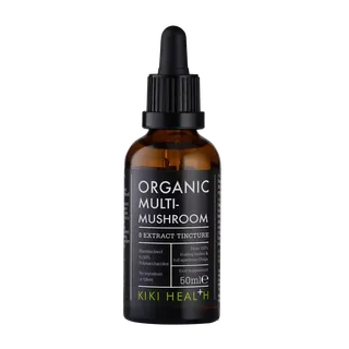 Brown bottle of Kiki Health Organic Multi-Mushroom Extract Tincture, 50ml.