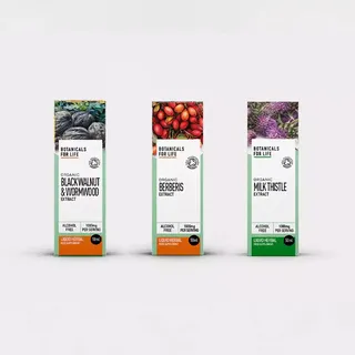 Three boxes of organic herbal extracts: Black Walnut, Berberis, Milk Thistle, 50ml each.