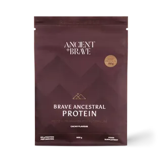 Ancient + Brave protein powder, cacao flavour, 600g, 22g protein per serving.