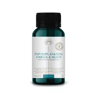 Phytoplankton Omega & Multi vegan supplement bottle, 60 capsules.