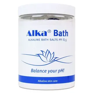 Alka Bath alkaline bath salts jar, pH 8.5, with lotus design.