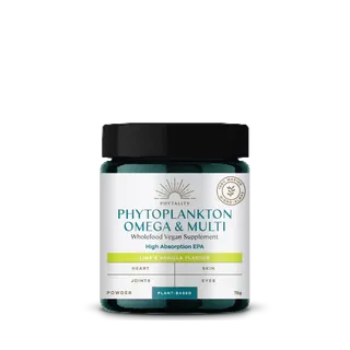 Phytoplankton Omega & Multi supplement jar, lime and vanilla flavour, 75g.