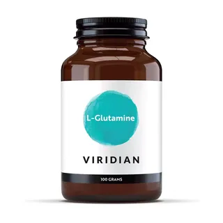 Brown bottle labelled "L-Glutamine" by Viridian, 100 grams.