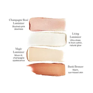 Four luminiser swatches: pink, sheer white, champagne, and bronze with descriptive text.