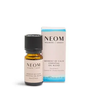 Neom Moment of Calm essential oil blend, rose and neroli, 10ml bottle with box.