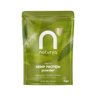 Naturya organic hemp protein powder, 300g, in green packaging with leaf design. Vegan logo visible.