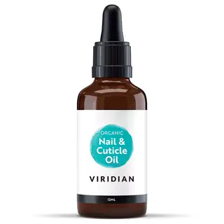 Brown bottle of Viridian Organic Nail & Cuticle Oil, 12ml, with dropper lid.