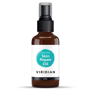 Brown bottle of Viridian Organic Skin Repair Oil, 100ml, with spray cap.