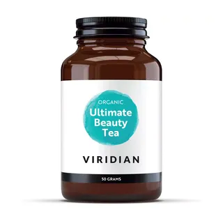 Brown jar labelled "Organic Ultimate Beauty Tea" by Viridian, 50 grams.