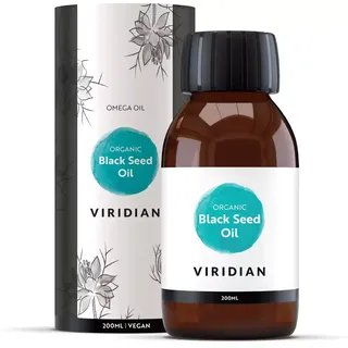 Viridian Organic Black Seed Oil bottle and packaging, 200ml, vegan.