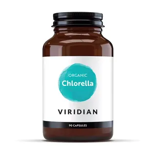 Brown bottle of Viridian Organic Chlorella, 90 capsules.