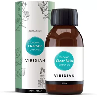Viridian Organic Clear Skin Omega Oil, 200ml bottle with floral packaging.