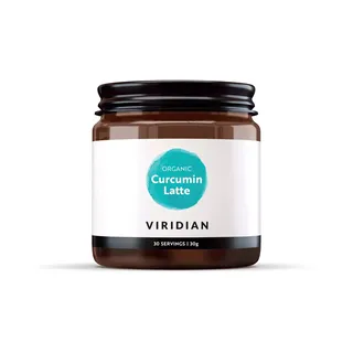Brown jar labelled "Organic Curcumin Latte" by Viridian, 30 servings, 30g.