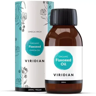 Organic Flaxseed Oil by Viridian, 200ml bottle with floral packaging. Omega 3 rich, vegan.