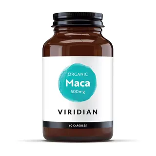Brown bottle of Viridian Organic Maca, 500mg, 60 capsules.