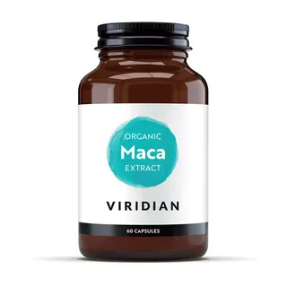 Brown bottle of Viridian Organic Maca Extract, 60 capsules.