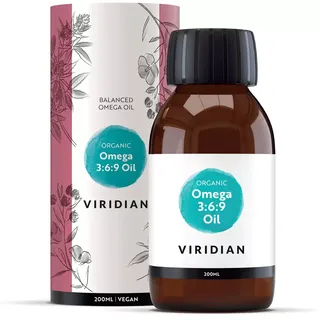 Viridian Organic Omega 3:6:9 Oil, 200ml bottle and floral box packaging.