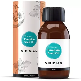 Viridian Organic Pumpkin Seed Oil, 200ml bottle with packaging. Vegan label visible.