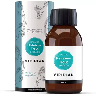 Viridian Organic Rainbow Trout Omega Oil, 200ml bottle and packaging.