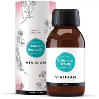 Viridian Ultimate Beauty Omega Oil, 200ml bottle with floral packaging design.